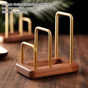 modern brass & solid wood cutting board stand vertical kitchen countertop tray organizer desktop sorter for home office decor