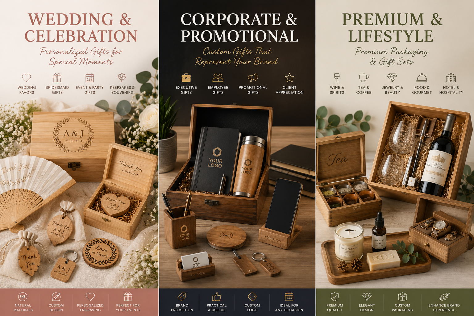 From wooden boxes and trays to cutting boards, home décor and custom gifts, we create quality products tailored to your brand with flexible OEM & ODM solutions.