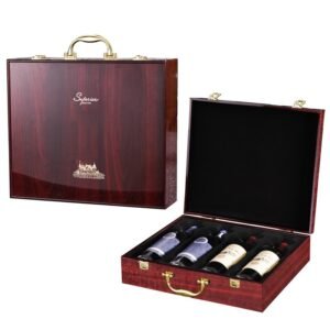 Sourix luxury wooden 4 bottle wine box with high gloss finish and gold latches